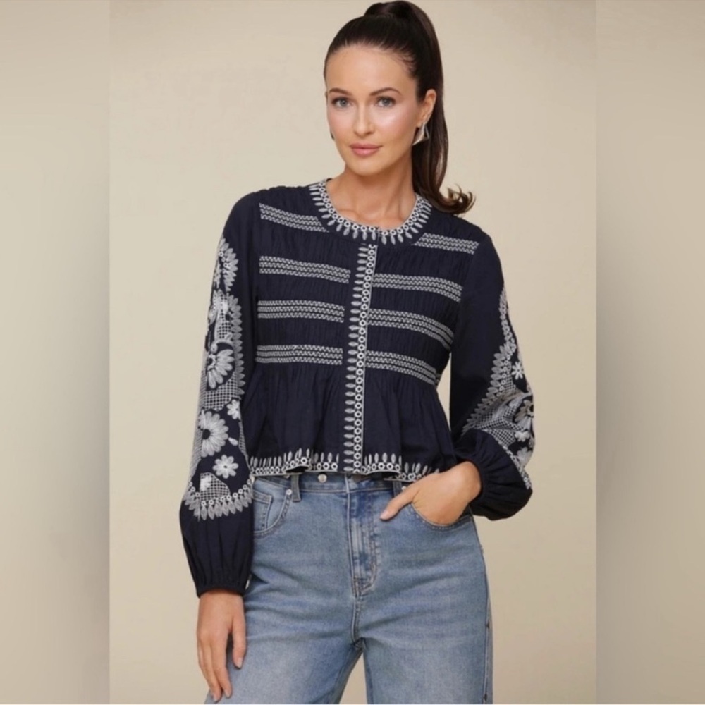 7 for all Mankind Embroidered Navy Blue balloon sleeve top smocked jacket